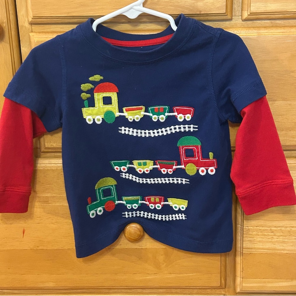 Nursery Rhyme Boy’s Blue Long Sleeve Shirt w/Trains & Track Appliqué Size 18 M